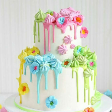 Two Tier Multi Colour Floral Drip Cake 